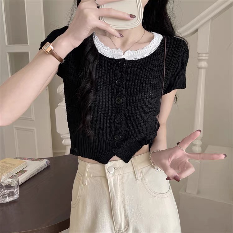 Áo len nữ dệt kim phối cổ màu croptop MS1130