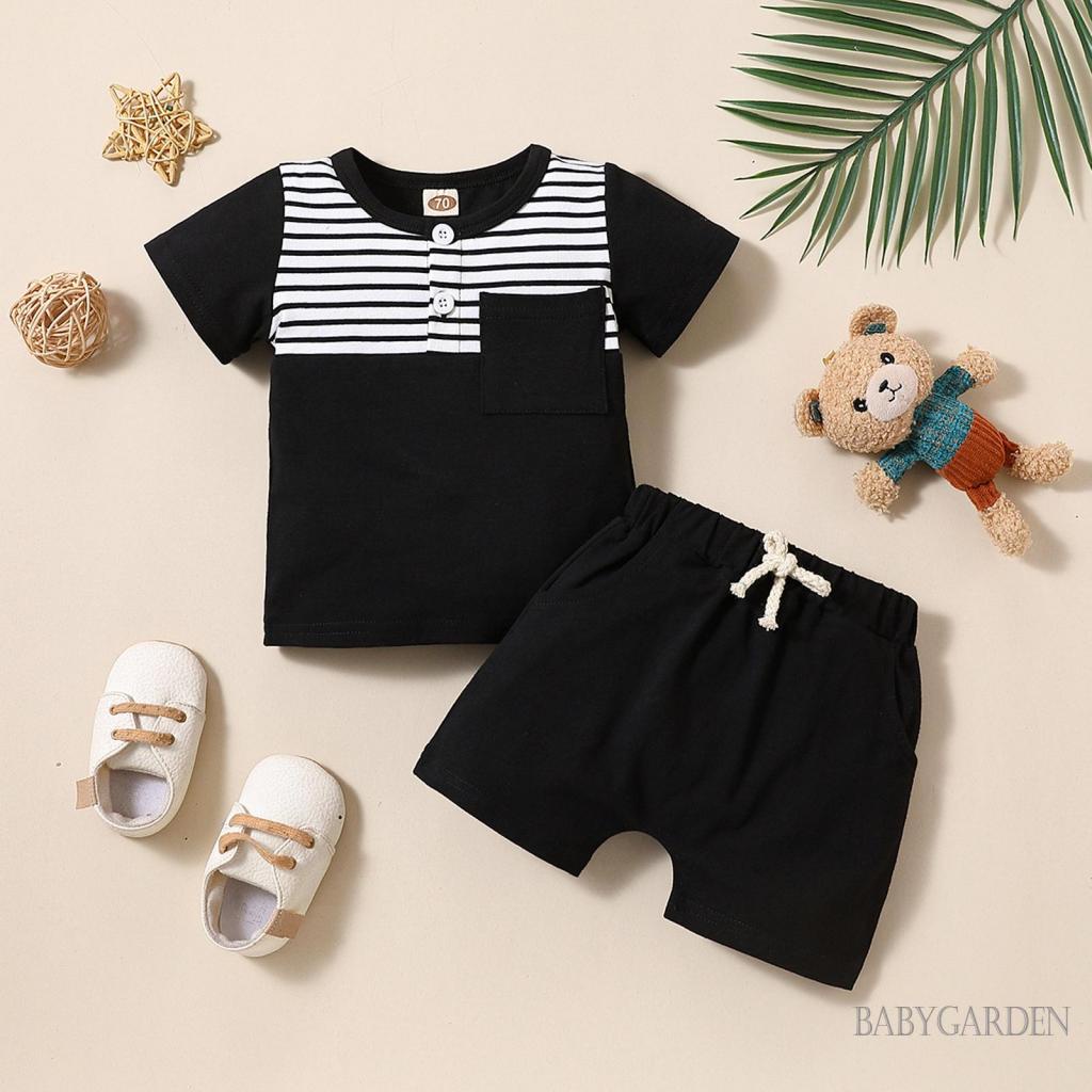 Set Áo Thun Tay Ngắn &amp; Quần Short Sọc Ngang Cho Bé Trai 0-3 Tuổi