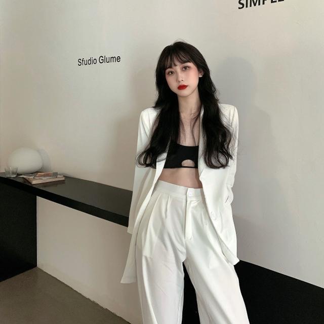 Áo Khoác Vest Mỏng Màu Trắng + Quần Dài Dáng Ôm Phong Cách Hàn Quốc Thời Trang Mùa Xuân Cho Nữ