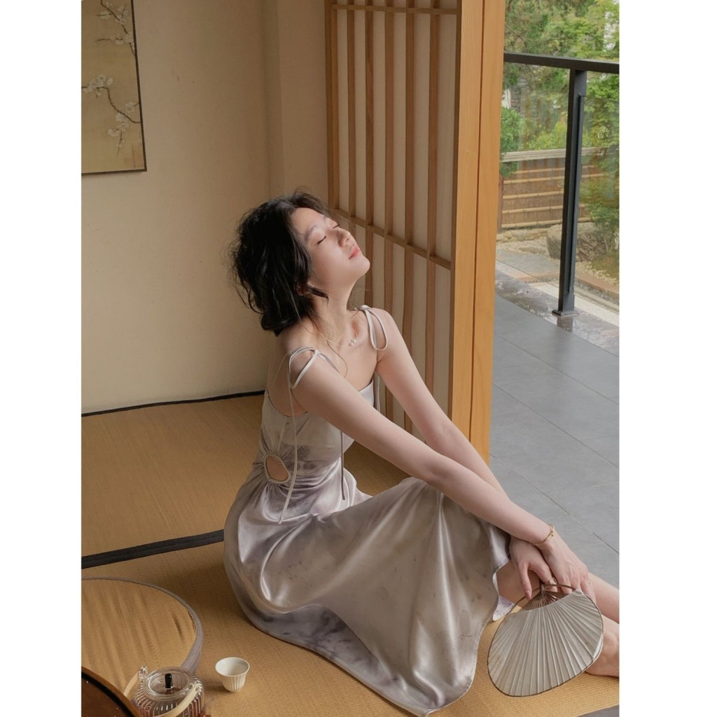 [Đầm Hai Dây Satin In Họa Tiết Rỗng Phong Cách Trung Hoa Mới Thanh Lịch Cao Cấp Dáng Ôm Dành Cho Bạn Nữ