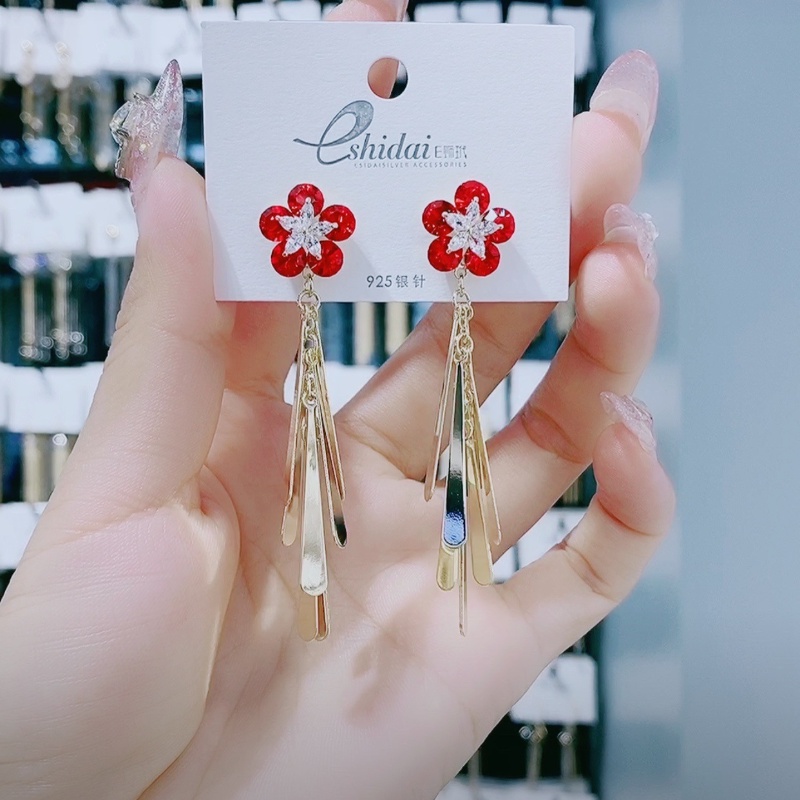 Khuyên Tai Tua Rua Dáng Dài Hình Hoa Năm Cánh Đính Đá Pha Lê Phong Cách Hàn Quốc Thời Trang Cho Nữ