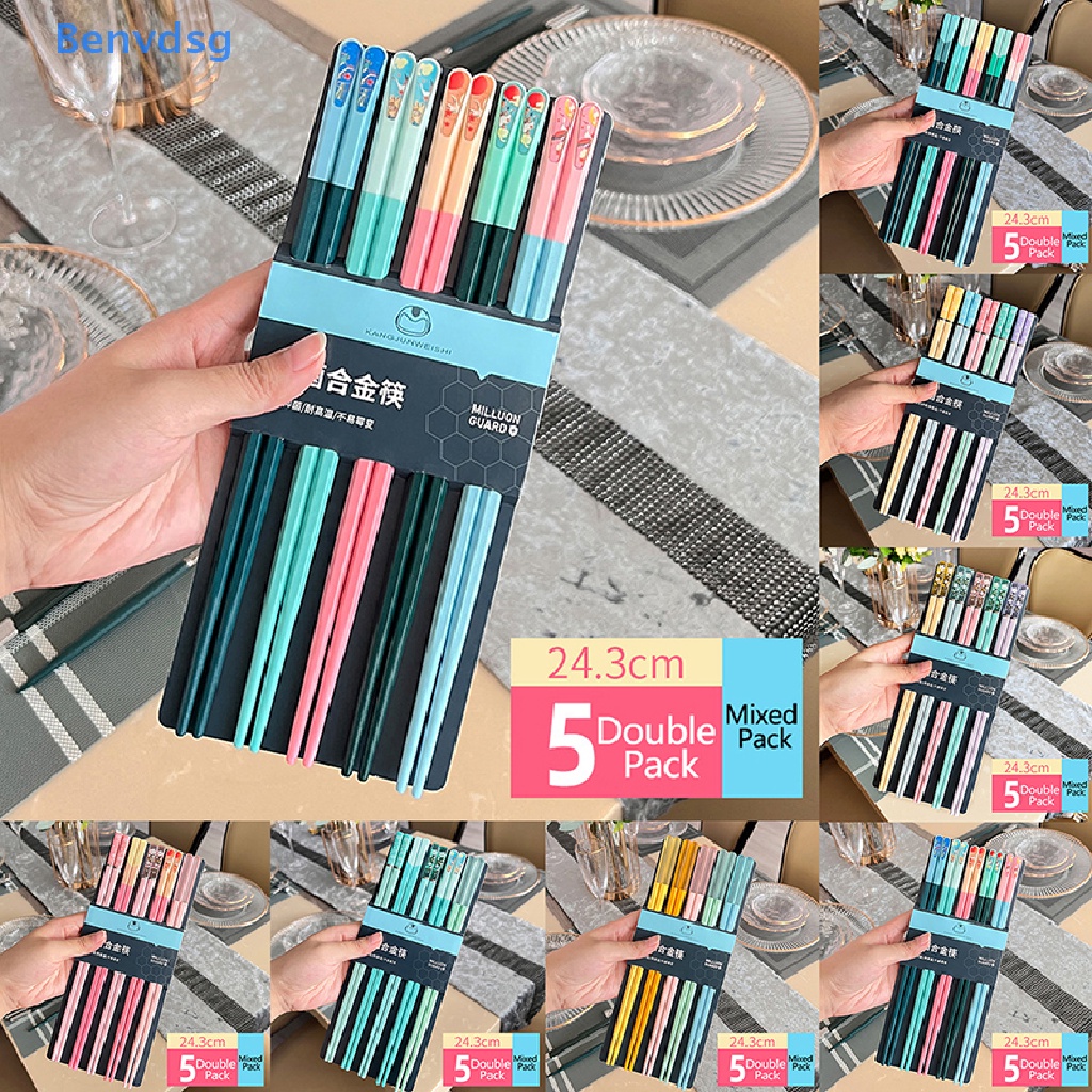 Benvdsg &gt; Set 5 Đôi Đũa Ăn Uống Năm Màu Sắc Bằng Hợp Kim Có Thể Tái Sử Dụng