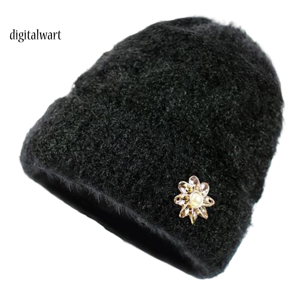 Kỹ Thuật Số| Mũ Beanie Dệt Kim Lót Lông Dày Dặn Màu Trơn Đính Đá Lấp Lánh Thời Trang Đường Phố