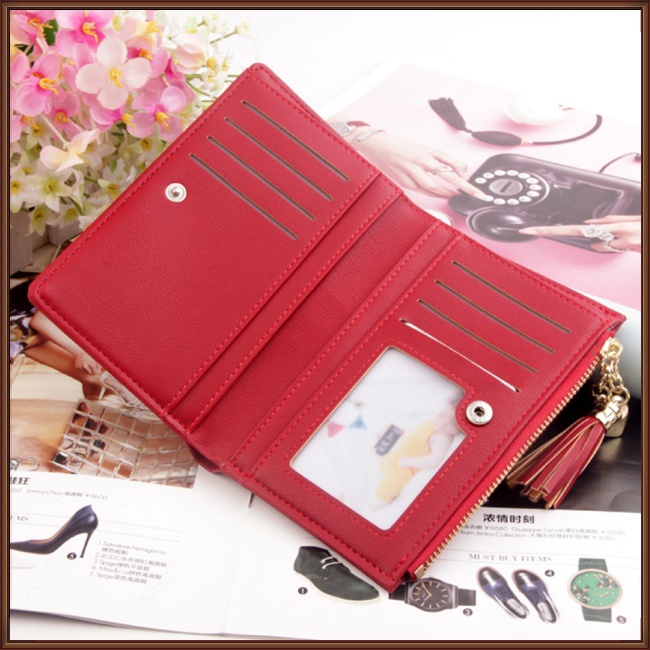 Ví Da Pu Ngắn Đa Năng Màu Trơn Có Khóa Kéo Và Tua Rua Thời Trang Cho Nữ Giá Đỡ