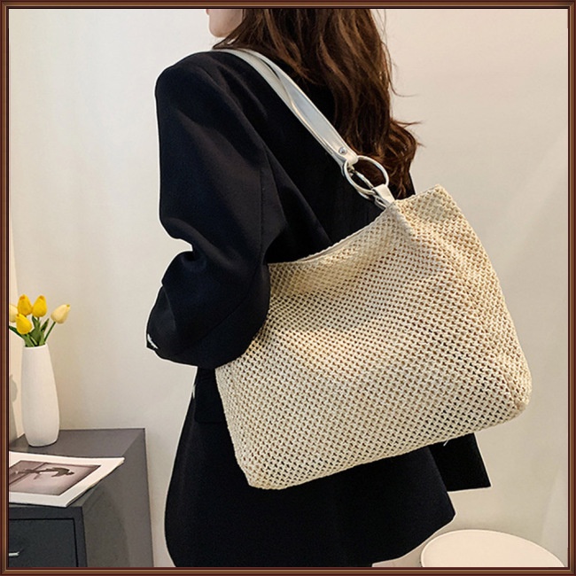 Túi Rơm Đeo Vai Sức Chứa Lớn Màu Trơn Có Khóa Kéo Thời Trang Đi Biển Mùa Hè Cho Nữ