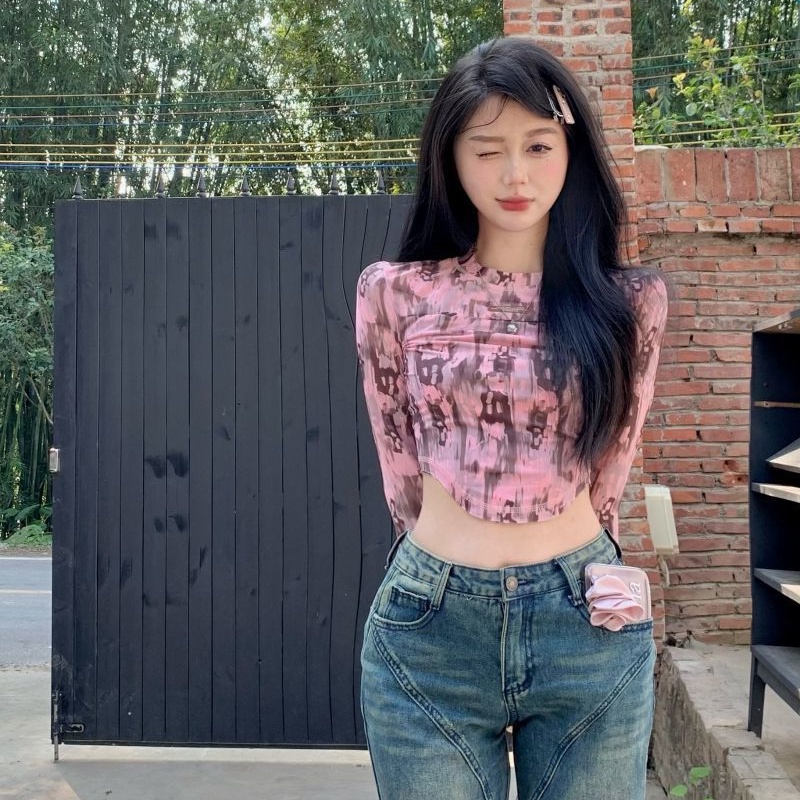 COZOK Áo Thun Tay Dài Dáng Ngắn Nhuộm Màu Thời Trang Quyến Rũ Cho Nữ