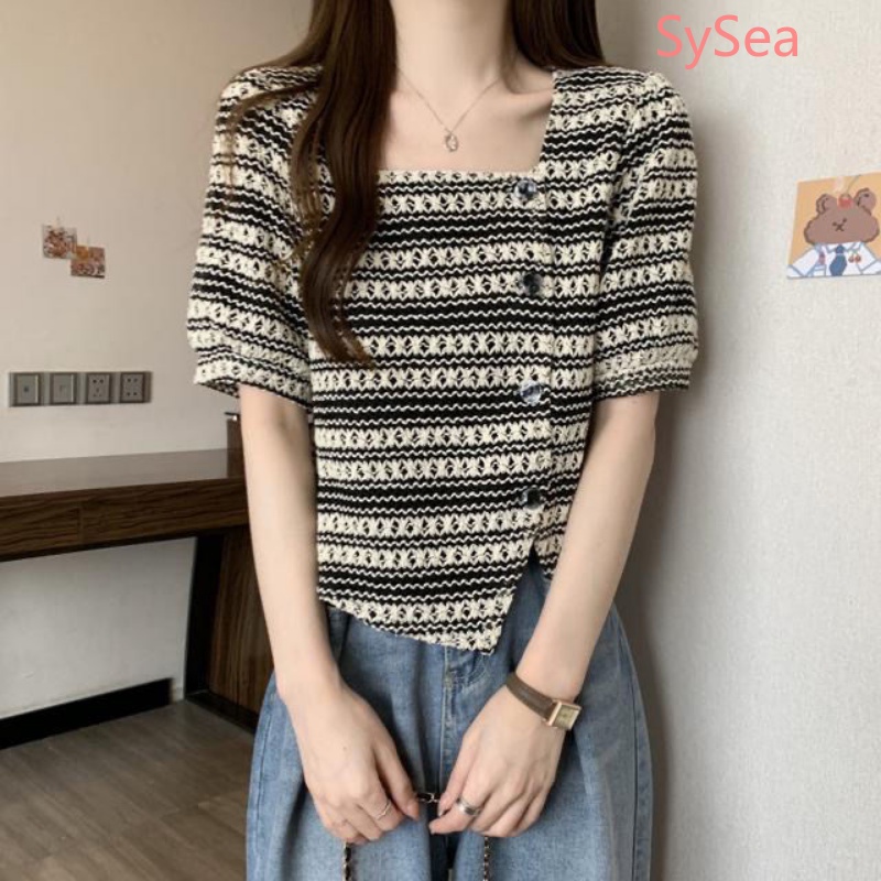 Áo Dệt Kim Tay Phồng Kẻ Sọc Thời Trang Mùa Hè Cho Nữ