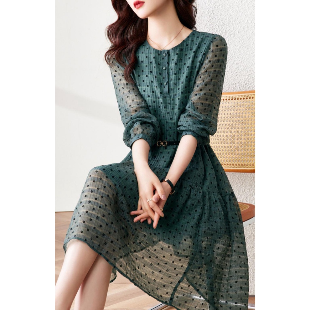 Đầm váy xanh voan hoa nhí hè thu đi chơi đi làm du lịch thời trang nữ quảng châu cao cấp phối belt bán chạy Xiny D178230