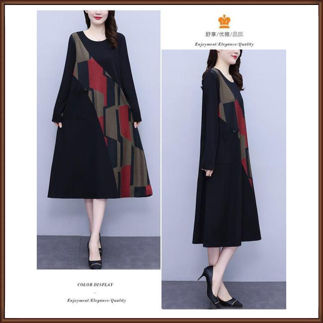 Đầm Midi Cổ Tròn Tay Dài Dáng Rộng In Họa Tiết Độc Đáo Thời Trang Cho Nữ