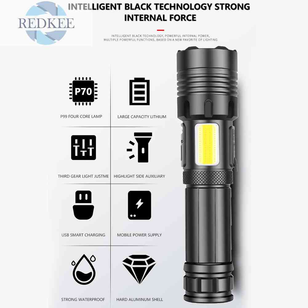 Đèn Pin LED COB 18650 COB Ánh Sáng Trắng / Đỏ Có Thể Sạc Lại Bằng Cổng USB