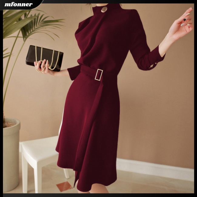 Đầm Midi Tay Dài Cổ Tròn Màu Trơn Cài Nút Thời Trang Cho Nữ