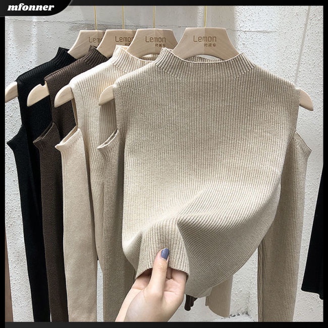 Áo Sweater Dệt Kim Tay Dài Hở Vai Màu Sắc Thanh Lịch Cho Nữ