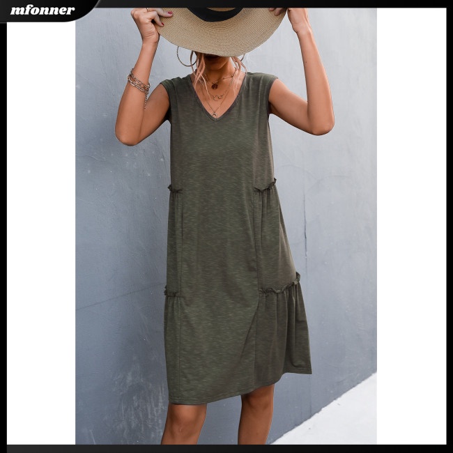 Đầm Chữ A Sát Nách Dáng Rộng Cổ Chữ V Màu Sắc Đơn Giản Cho Nữ