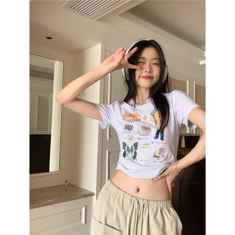 SUXI Áo Thun Tay Ngắn Cổ Tròn Dáng Ôm In Họa Tiết Thời Trang Mùa Hè Xinh Xắn Cho Nữ