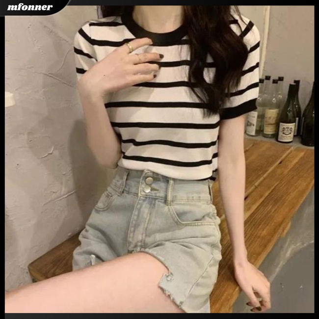 Áo Thun Tay Ngắn Cổ Tròn Họa Tiết Kẻ Sọc Nhiều Màu Sắc Thời Trang Mùa Hè Cho Nữ