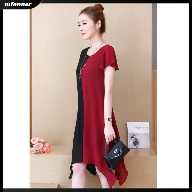 Đầm Midi Chữ A Tay Ngắn Cổ Tròn Màu Sắc Tương Phản Thời Trang Mùa Hè Cho Nữ