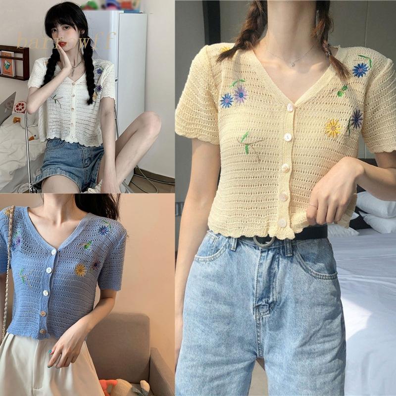 Brroa Áo Khoác Cardigan Dệt Kim Dáng Rộng Hở Lỗ Phối Ren Hoa Phía Trước Đơn Giản Cho Nữ