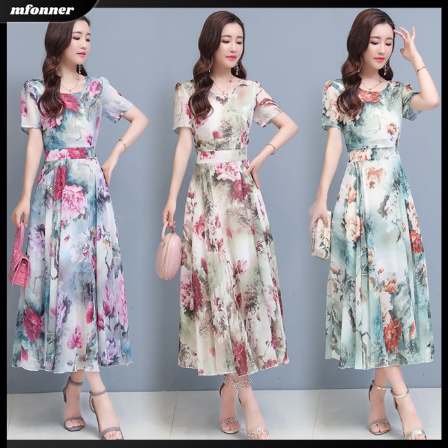 Đầm Midi Tay Ngắn Cổ Tròn Dáng Chữ A In Họa Tiết Hoa Thời Trang Mùa Hè Xinh Xắn Cho Nữ