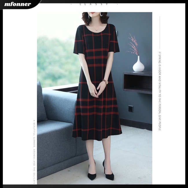 Đầm Nữ Tay Ngắn Cổ Tròn Dáng Chữ A Họa Tiết Caro Thời Trang Cá Tính