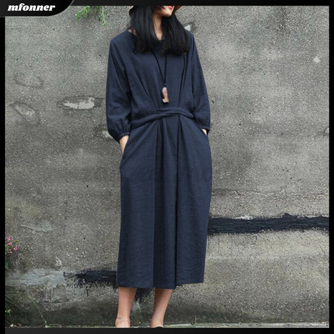 Đầm Midi Cotton Tay Dài Cổ Tròn Thắt Dây Eo Màu Sắc Trơn Phong Cách Nhật Bản Dành Cho Nữ
