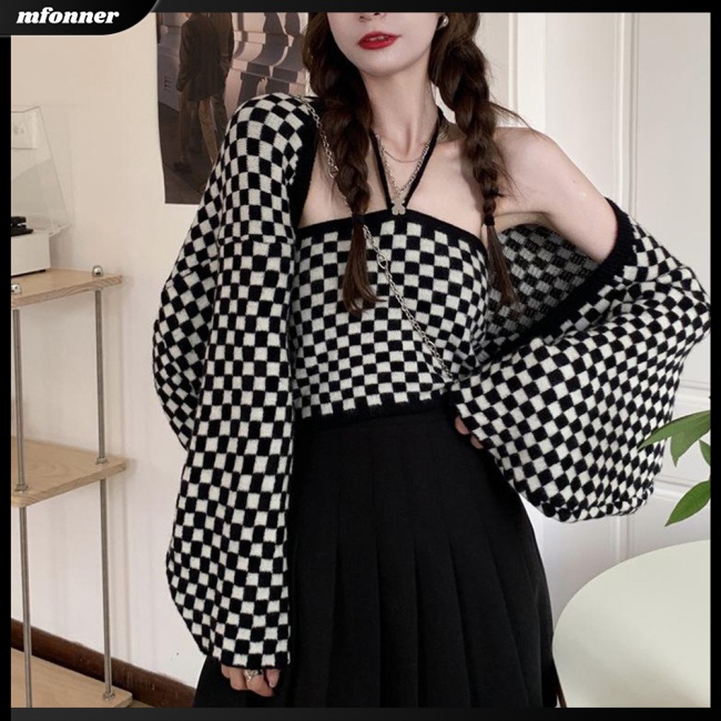 Bộ Trang Phục 2 Mảnh Gồm Áo Hai Dây Dệt Kim Họa Tiết Bàn Cờ Mỹ Cổ Điển Thoáng Khí + Áo Khoác Dệt Kim Cho Nữ