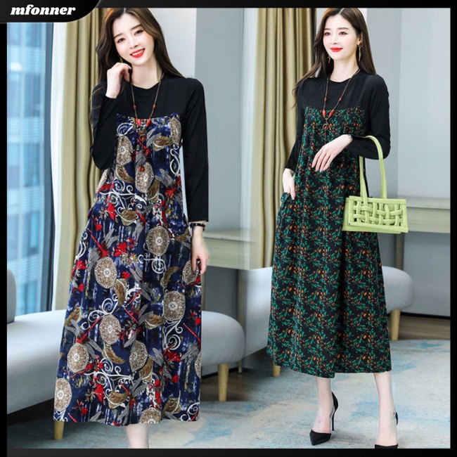 Đầm Giả Hai Lớp Tay Dài Cổ Tròn In Họa Tiết Hoa Dáng Rộng Thời Trang Cho Nữ