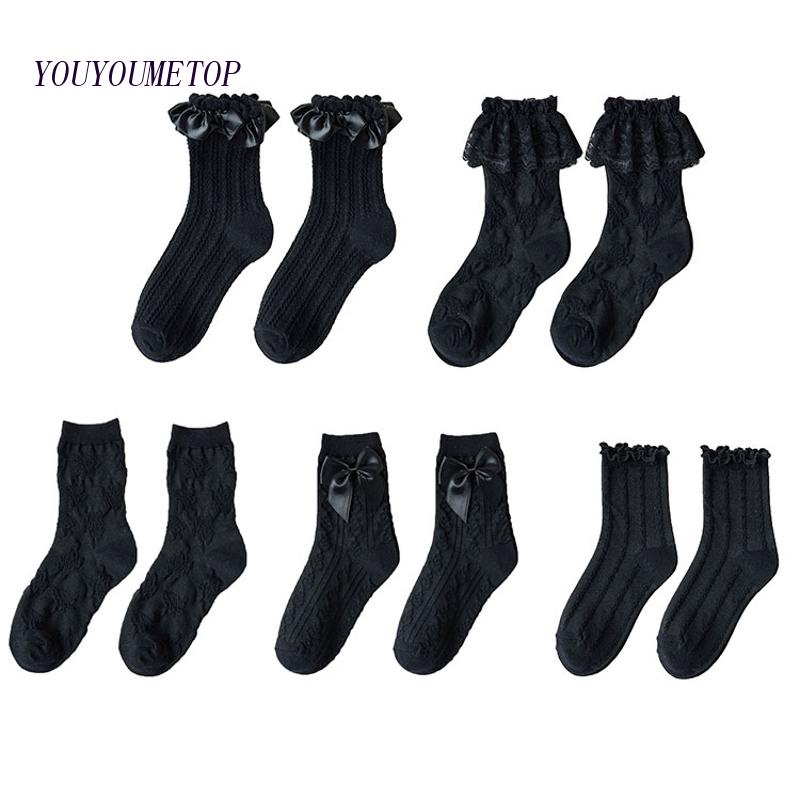Youyo Vớ Thuyền Màu Đen Phối Ren Viền Sọc Viền Jacquard Ngọt Ngào Phong Cách Lolita Nhật Bản Harajuku Gothic Ngọt Ngào Cho Nữ