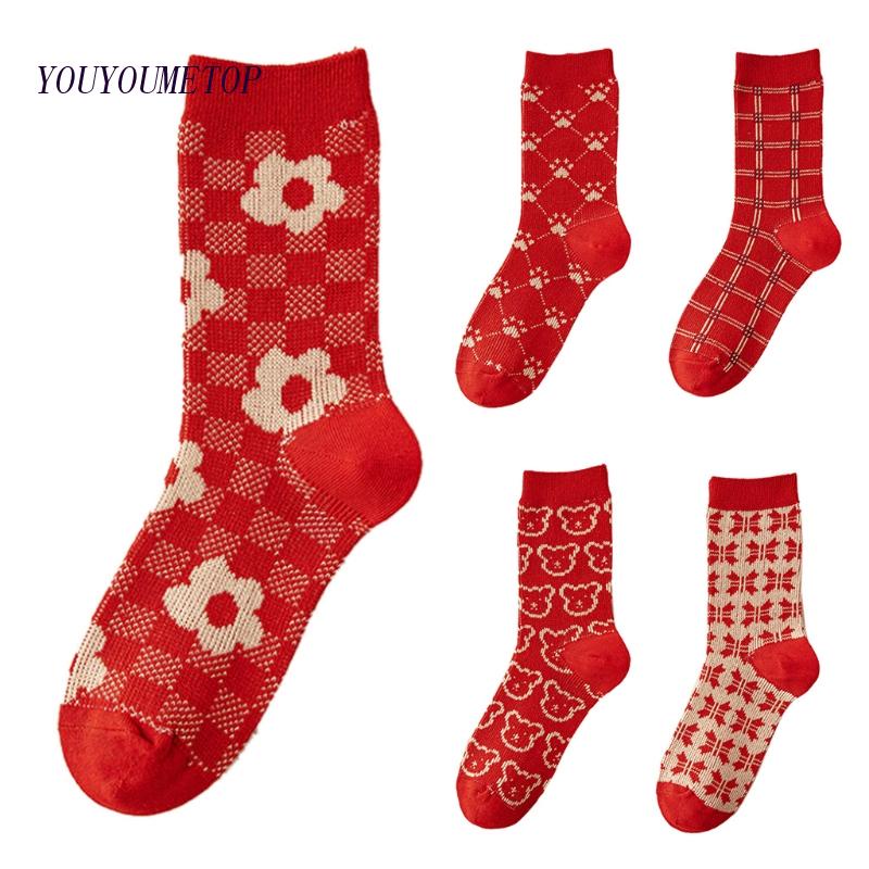 Vớ Họa Tiết Kẻ Sọc Màu Sắc Đỏ Phong Cách Harajuku Thời Trang Thu Đông Cho Nữ