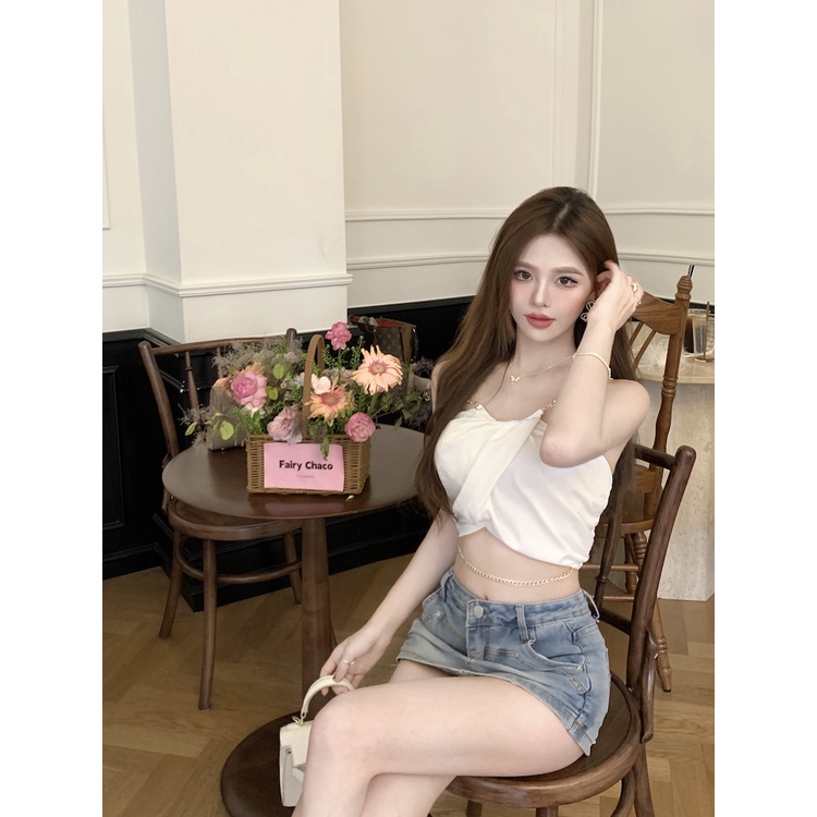 Áo Tank Top Hai Dây Xếp Ly Ôm Dáng Thời Trang Mùa Hè Cho Nữ