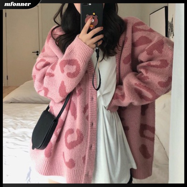 Áo Khoác Cardigan Dệt Kim Mỏng Tay Dài Dáng Rộng In Họa Tiết Da Báo Cá Tính Cho Nữ