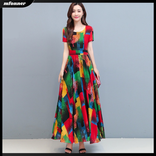 Đầm Tay Ngắn Cổ Tròn Dáng Chữ A In Họa Tiết Thời Trang Cho Nữ