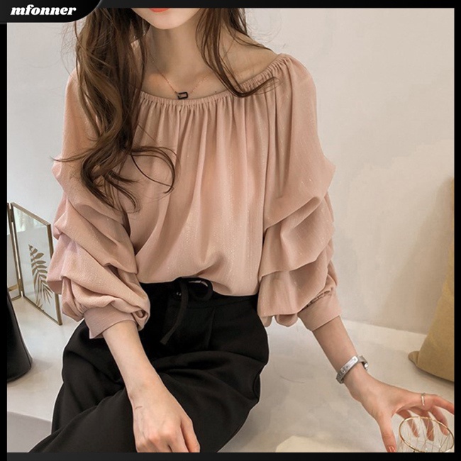 Áo Kiểu Trễ Vai Tay Phồng Màu Sắc Trơn Thời Trang Mùa Hè Cho Nữ