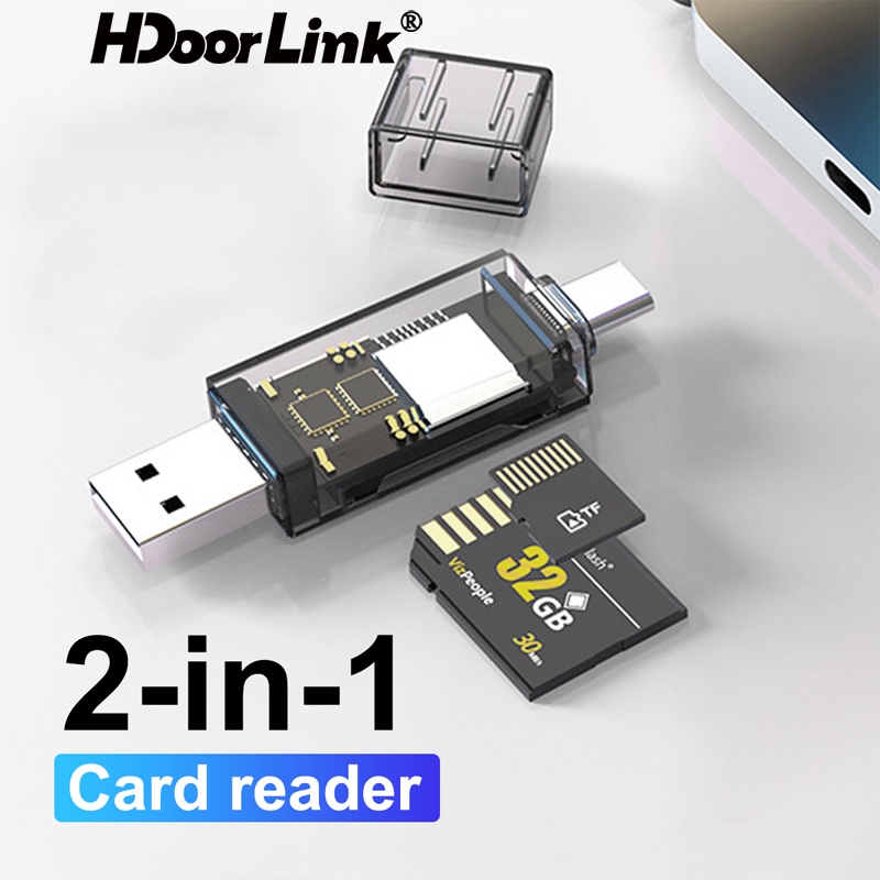Đầu Đọc Thẻ Nhớ HdoorLink 2 Trong 1 USB 2.0 OTG USB C Micro SD TF Cho Máy Tính / Laptop Trong Suốt