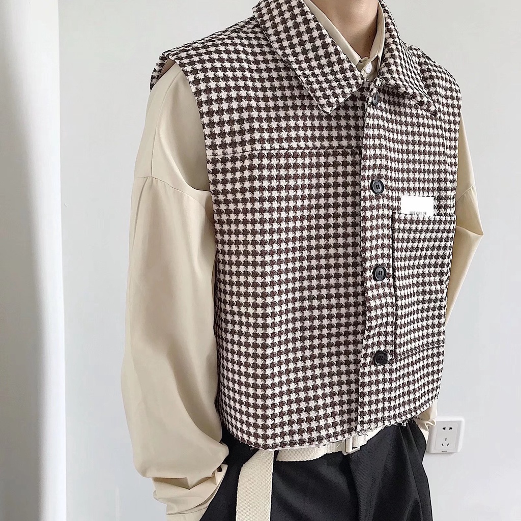 Áo Khoác Sát Nách Dáng Rộng In Họa Tiết Houndstooth Cá Tính Cho Nam