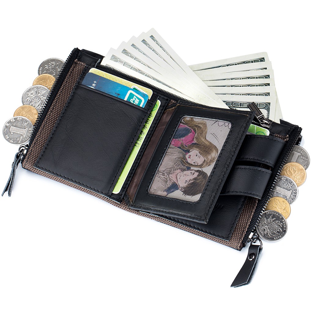 Ví Da Nam Gập Đôi Có Khóa Kéo Và Dây Xích Chống Trộm