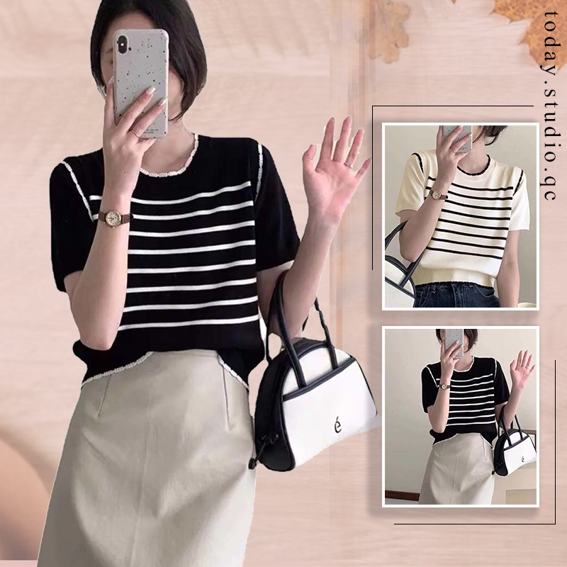 Áo thun Tee dáng vừa ngắn tay vải voan kết hợp chất dệt kim thoáng khí hè sọc ngang đen trắng cổ zip bao viền