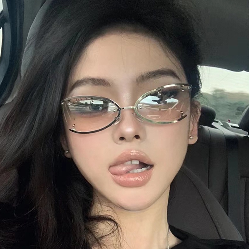 Kính Mát Mắt Mèo Nửa Gọng Kim Loại Trong Suốt Phong Cách Punk Hip Hop Thời Trang Cho Nam Và Nữ Y2K