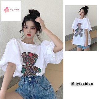 Áo Thun Ngắn Tay Dáng Rộng In Hình Gấu Thời Trang Mùa Hè Hàn Quốc