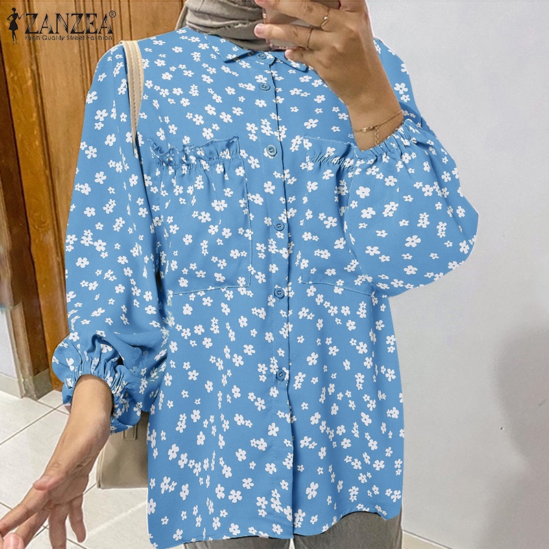 Zanzea Áo Sơ Mi Tay Phồng Họa Tiết Hoa Thời Trang Cho Phụ Nữ Hồi Giáo