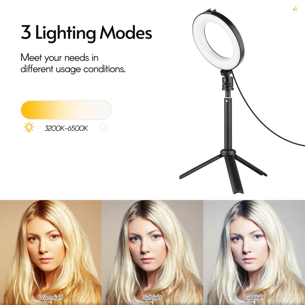 Vòng Đèn LED Andoer 6 Inch 2 * 3200K-6500K Có Thể Điều Chỉnh Độ Sáng + 2 * Tripod Để Bàn + 2 * Đầu Bi Kim Loại Dẻo Cho Dạy Trực Tuyến