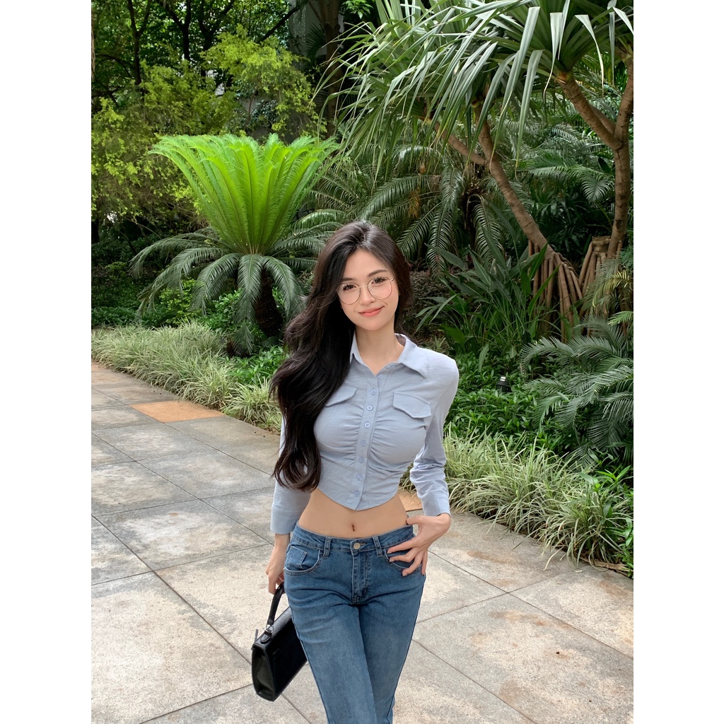 Áo Kiểu Ngắn Tay Màu Sắc Trơn Phong Cách Hàn Quốc Dành Cho Nữ