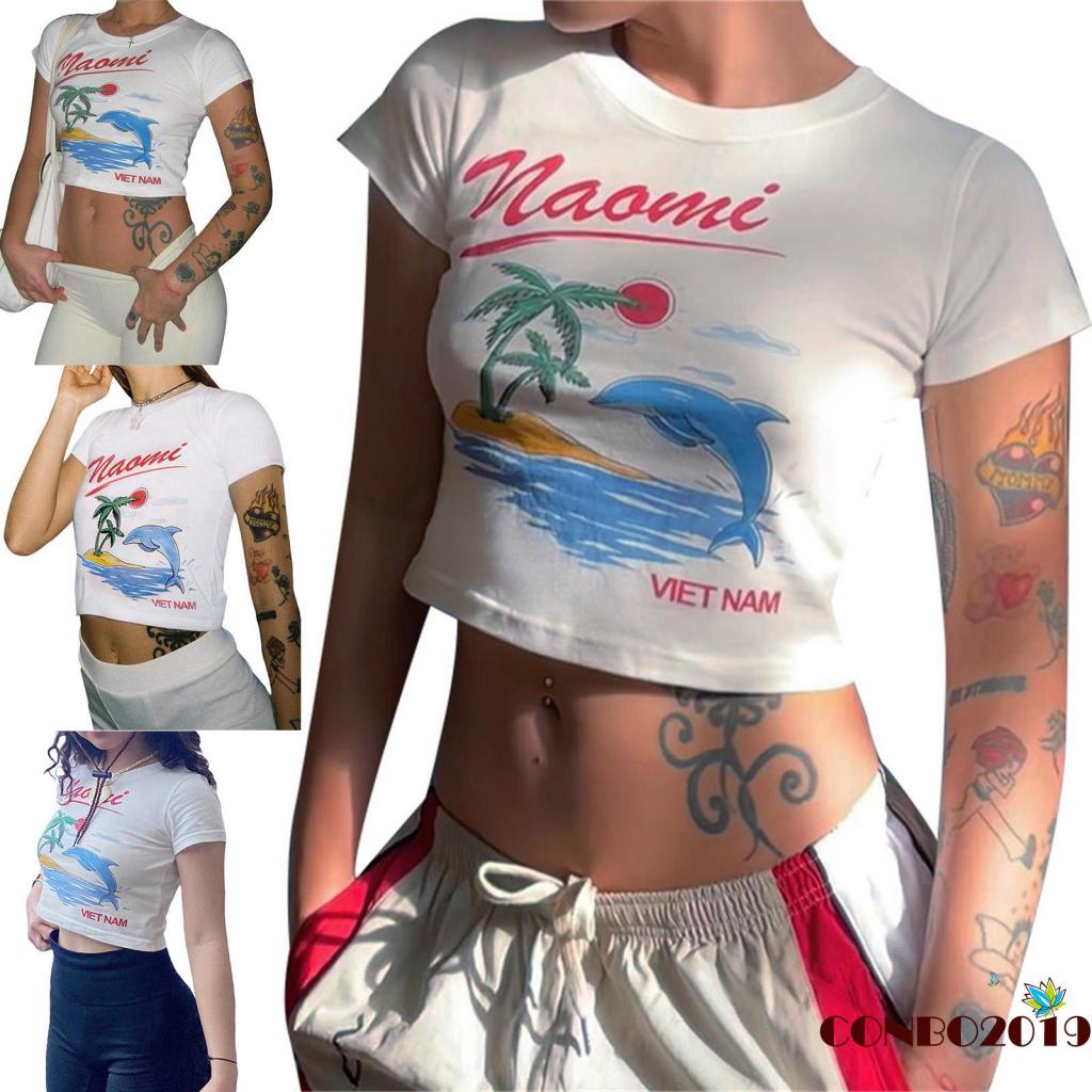 Áo Thun Crop Top Tay Ngắn Cổ Tròn In Chữ Thời Trang Mùa Hè Cho Nữ