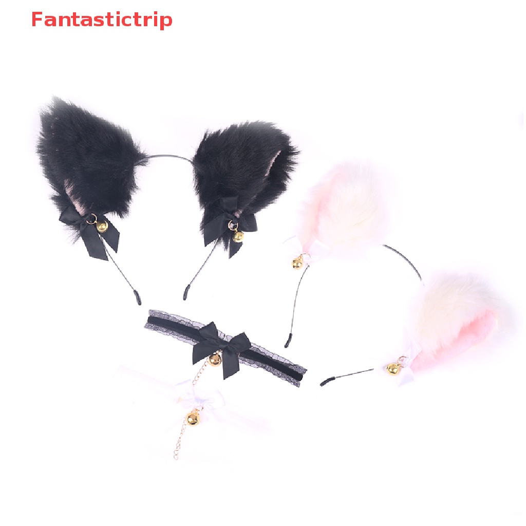 1 Cặp Vòng Cổ / Băng Đô Tai Mèo Bằng Lông Nhung Đính Chuông / Nơ Dễ Thương Xinh Xắn Cho Bạn Gái