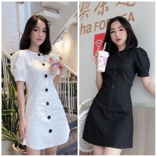Đầm tay phồng đính nút đơn giản thanh lịch