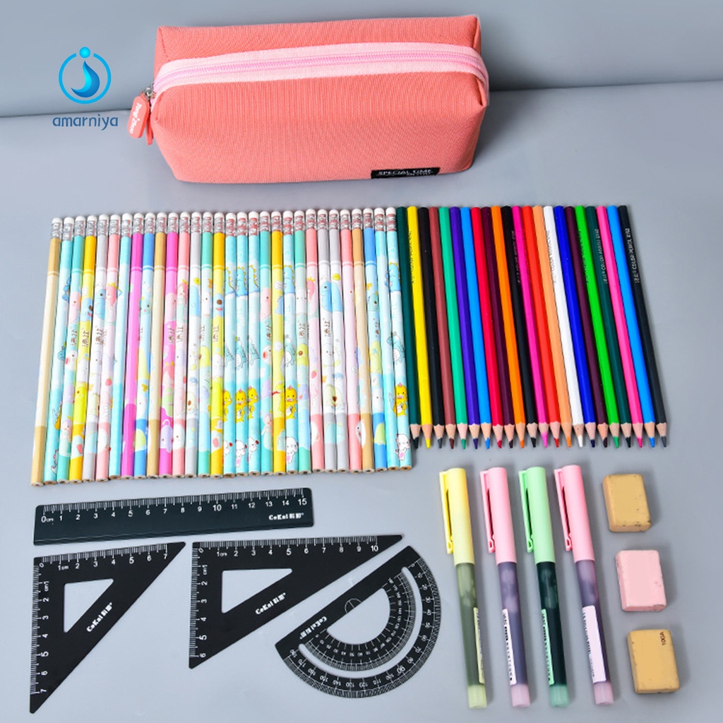 (Shop Amart) Túi Đựng Bút Bằng Vải Canvas Phối Lưới Có Dây Kéo