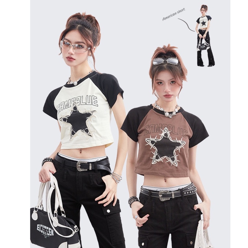 Áo Thun Tay Ngắn Thêu  RENJIANVSHENG Chữ Phong Cách Retro Mỹ