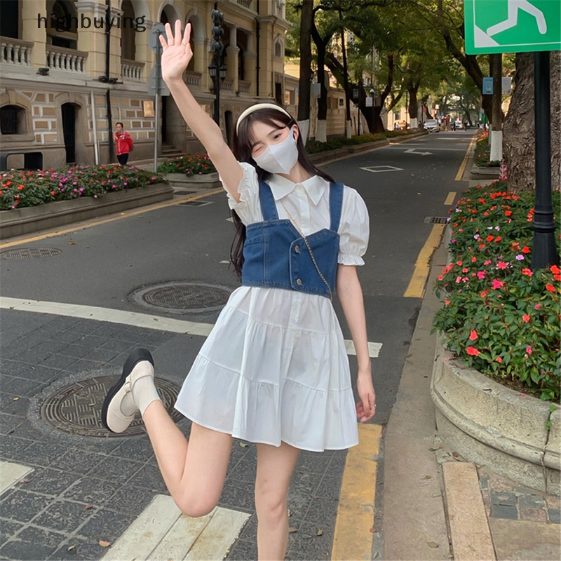 Set Đầm Denim Và Áo Sơ Mi Tay Phồng Phong Cách Vintage Thời Trang Hè 2023 Cho Nữ