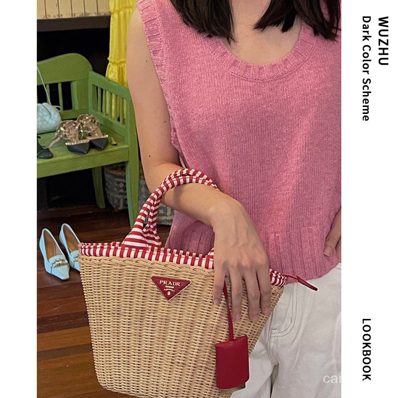 LQPV PRADA summer sunshine straw bag shopping bag refreshing artistic sweet style large capacity portable women's bag