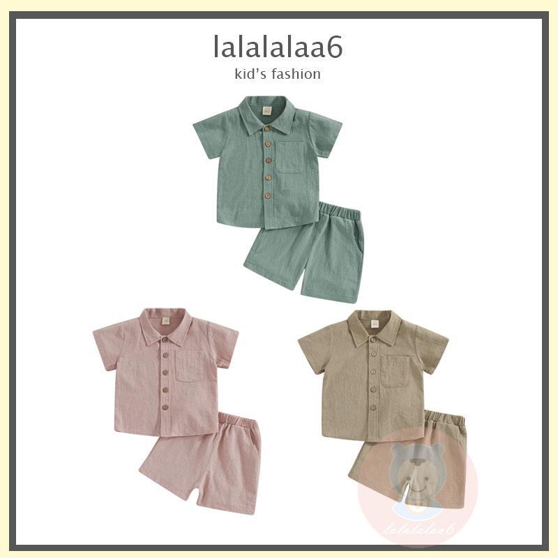 Laa6-áo Sơ Mi Cài Nút Ngắn Tay + Quần Short Lưng Thun Mặc Hàng Ngày Cho Bé Trai