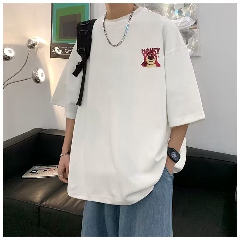 Áo Thun Tay Ngắn Cổ Tròn In Hình Gấu Hồng Thời Trang Mùa Hè 2 Màu Tùy Chọn Kích Thước M-8XL Phong Cách Hàn Quốc Cho Nam